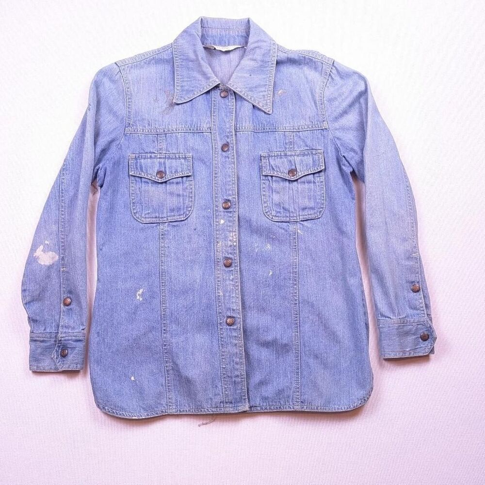 Vintage 70s Montgomery Ward Jean Button Up Shirt Faded Blue Size 14 Women's M?